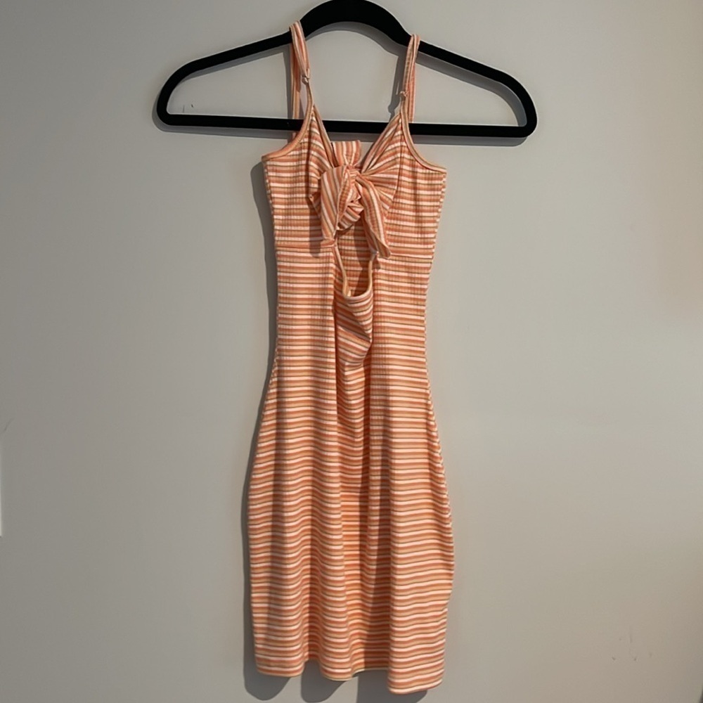 Pink Lily All Tied Up Coral Ribbed Striped Tie Front Mini Dress 💕 - Picture 7 of 10